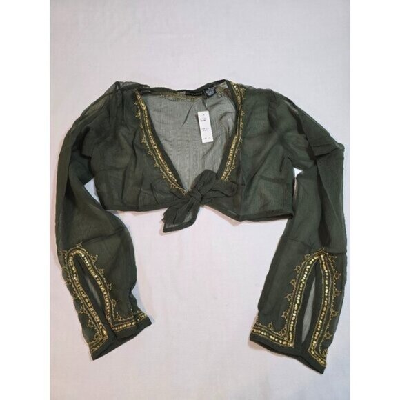 Olive Green Silk Chiffon top, cropped tie front by Magazine Size L New - Picture 9 of 13